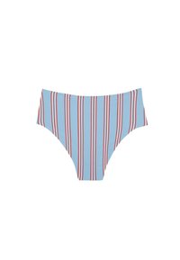 Braguita de bikini de talle alto azul con rayas rojas verticales, fabricada en un material suave y con textura blanda, sin elementos de metal ni acentos notables.