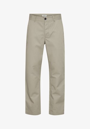 Beige cotton trousers with a straight cut, featuring a button closure and belt loops. Smooth texture with a simple design.