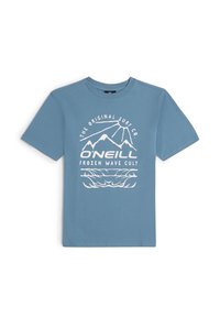Camiseta de algodón azul con un gráfico blanco de montañas y olas, acompañado del texto "THE ORIGINAL SURF CO. O'NEILL FROZEN WAVE CULT."