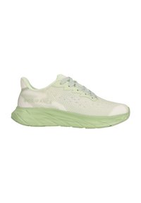 Scarpa sportiva verde chiaro con tomaia in rete traspirante, collare imbottito e suola in gomma texturizzata. Presenta un design con lacci e il marchio “ENDURANCE”.