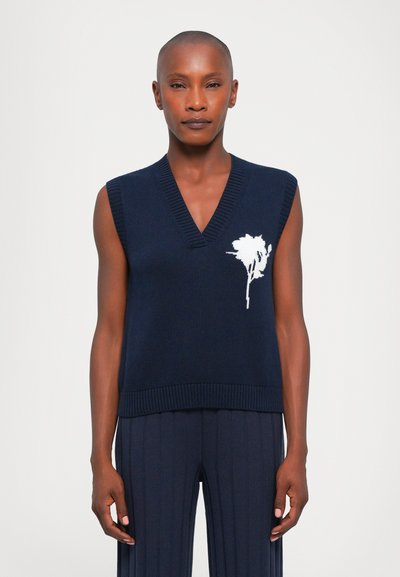 Navy sleeveless knit sweater with V-neck, featuring a white palm design on the left side. Ribbed hem and armholes, smooth texture.