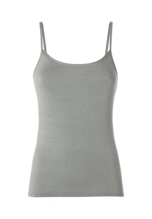 Top aderente a spalline sottili color grigio chiaro con scollo tondo e tessuto dalla texture liscia.