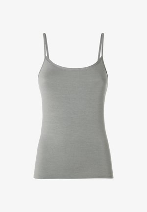 Top aderente a spalline sottili color grigio chiaro con scollo tondo e tessuto dalla texture liscia.