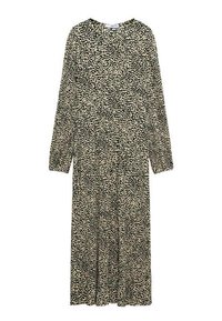 Robe à manches longues noire avec un motif de points beiges éparpillés, dotée d'un col rond et d'une silhouette fluide et ample. Texture de tissu douce.