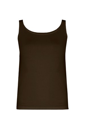 Brun ärmlös linne med rundad halsringning. Tillverkat av ett mjukt tyg, har det en figursydd silhuett och rak fåll. Inga mönster eller accenter.