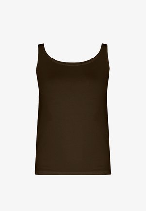 Brun ärmlös linne med rundad halsringning. Tillverkat av ett mjukt tyg, har det en figursydd silhuett och rak fåll. Inga mönster eller accenter.