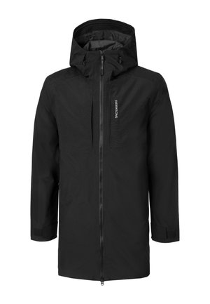 Giacca lunga impermeabile nera con cappuccio, cerniera frontale, polsini regolabili e logo "Didriksons" sul petto.