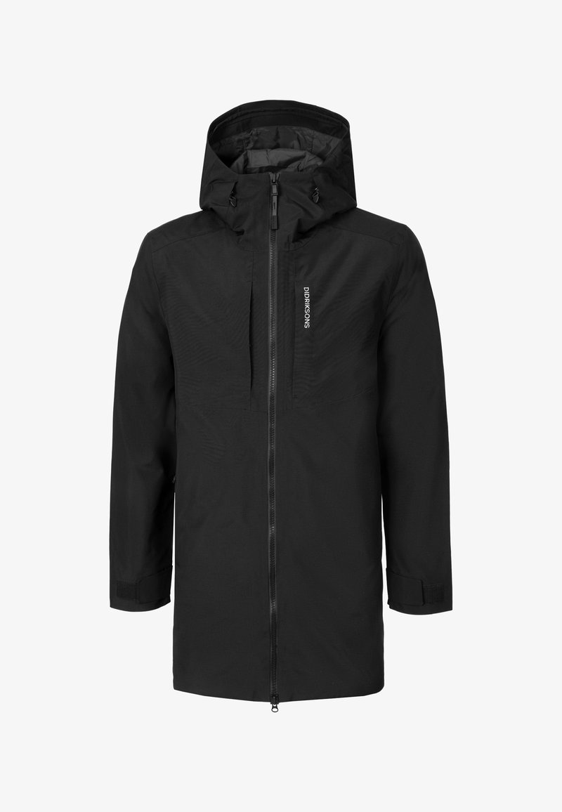 Chaqueta larga impermeable negra con capucha, cremallera frontal, puños ajustables y logo "Didriksons" en el pecho.