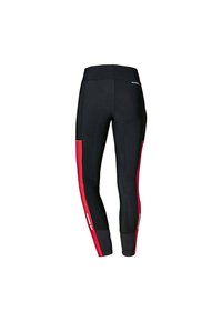 Svarta atletiska leggings med röda sidopaneler, tillverkade av elastiskt material, med hög midja och reflektande detaljer.