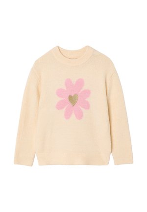 Cream knit sweater with a large pink flower and gold heart design centered on the front, featuring a round neckline and long sleeves.