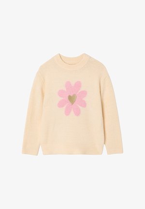 Cremefarbener Strickpullover mit einem großen rosa Blumen- und goldfarbenen Herzmotiv in der Mitte vorne, mit rundem Ausschnitt und langen Ärmeln.