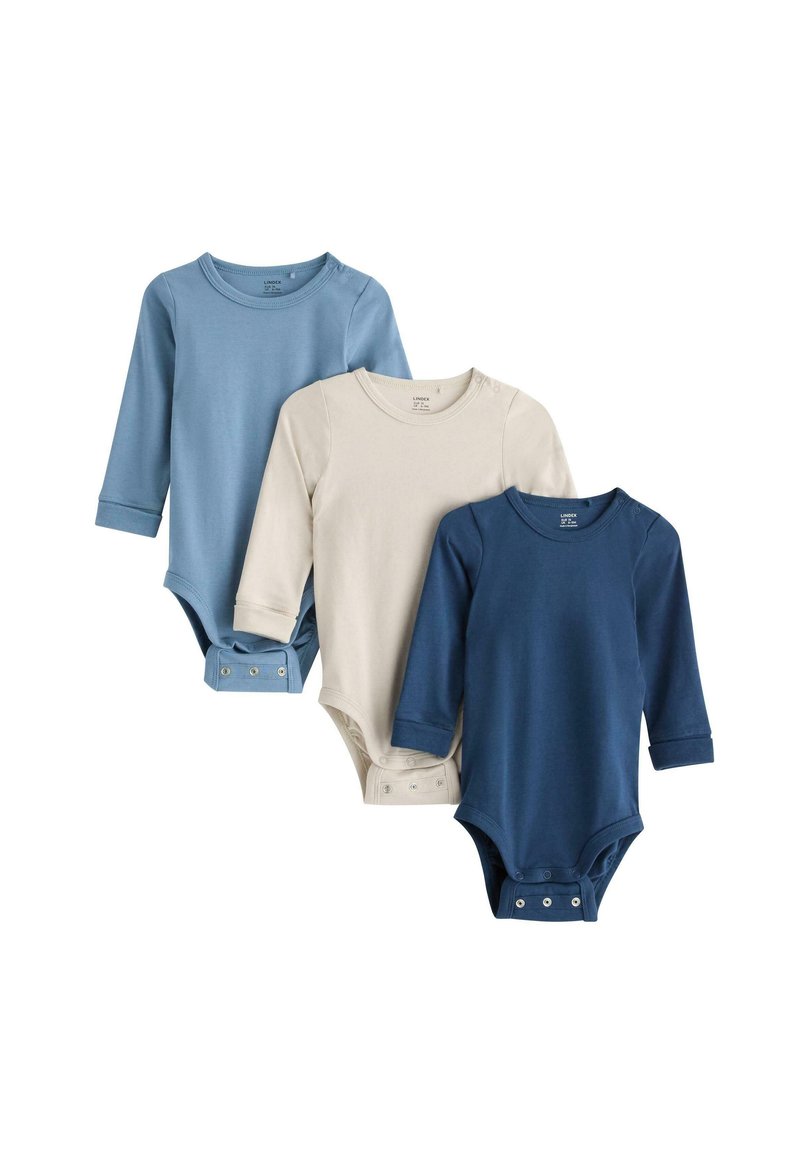 Set aus drei Langarm-Overall für Babys in Hellblau, Creme und Dunkelblau. Weiches Baumwollmaterial mit Druckknopfverschluss am Boden.