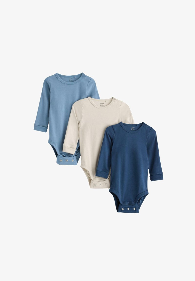 Set aus drei Langarm-Overall für Babys in Hellblau, Creme und Dunkelblau. Weiches Baumwollmaterial mit Druckknopfverschluss am Boden.