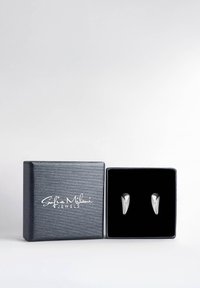 Orecchini a perno in argento su un interno in velluto nero, esposti in una scatola d'argento texturizzata con un logo bianco, caratterizzati da un design elegante e appuntito.