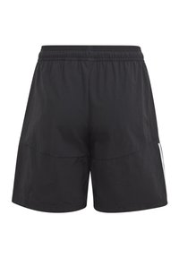 Schwarze Sportshorts aus leichtem Material, mit elastischem Bund, Seitentaschen und kontrastierenden vertikalen Streifen.