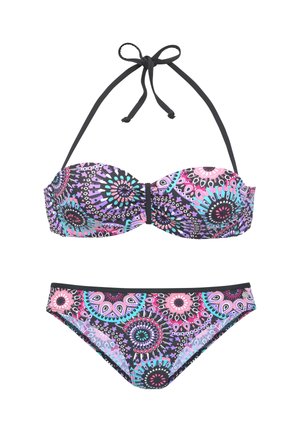 Zweiteiliger Bikini mit Neckholder, mit farbigem rundem Blumenmuster in Pink, Blau, Lila und Schwarz.