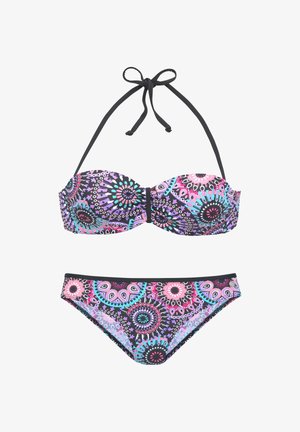 Zweiteiliger Bikini mit Neckholder, mit farbigem rundem Blumenmuster in Pink, Blau, Lila und Schwarz.