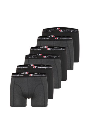 Sechs Paar Champion Herrenboxershorts, wechselweise in Schwarz und Dunkelgrau, mit elastischen Bündchen und Markenlogo.