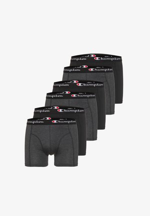 Sechs Paar Champion Herrenboxershorts, wechselweise in Schwarz und Dunkelgrau, mit elastischen Bündchen und Markenlogo.