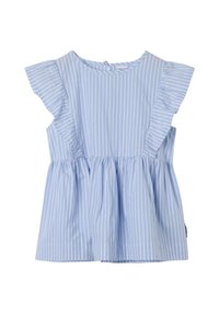 Lichtblauwe mouwloze top met witte verticale strepen, gerimpelde schouders, gathered taille en knoopsluiting op de rug. Gladde katoenstof.