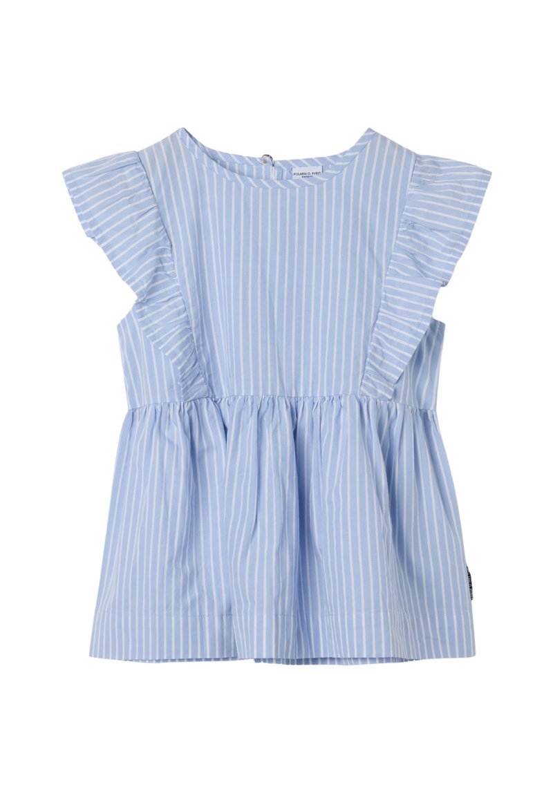 Lichtblauwe mouwloze top met witte verticale strepen, gerimpelde schouders, gathered taille en knoopsluiting op de rug. Gladde katoenstof.