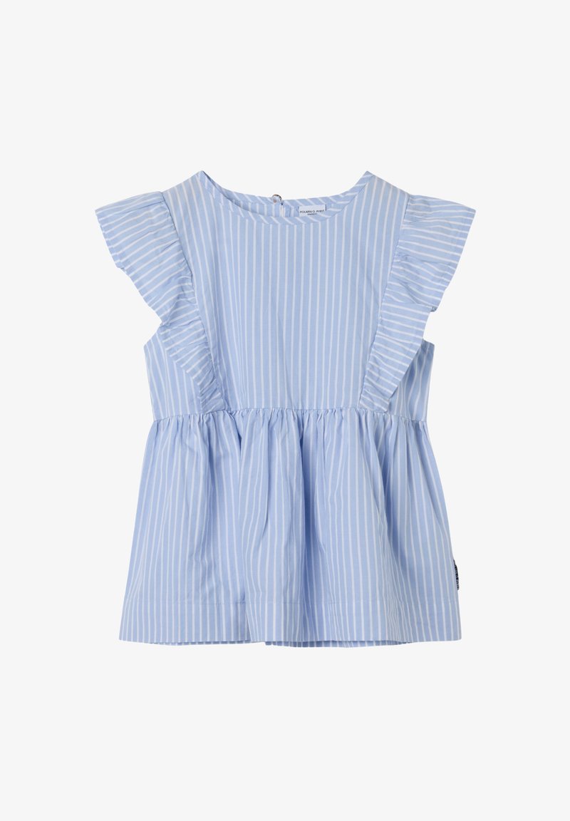 Lichtblauwe mouwloze top met witte verticale strepen, gerimpelde schouders, gathered taille en knoopsluiting op de rug. Gladde katoenstof.