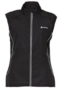 Chaleco negro sin mangas con cuello alto, cremallera frontal y ribete blanco a lo largo de los lados. Hecho de un material liviano y transpirable.