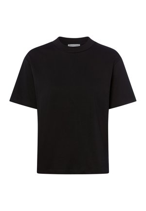 Czarny bawełniany T-shirt z krótkim rękawem, okrągłym dekoltem i luźnym krojem, z widoczną metką wewnątrz kołnierza.