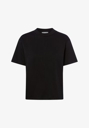 Czarny bawełniany T-shirt z krótkim rękawem, okrągłym dekoltem i luźnym krojem, z widoczną metką wewnątrz kołnierza.