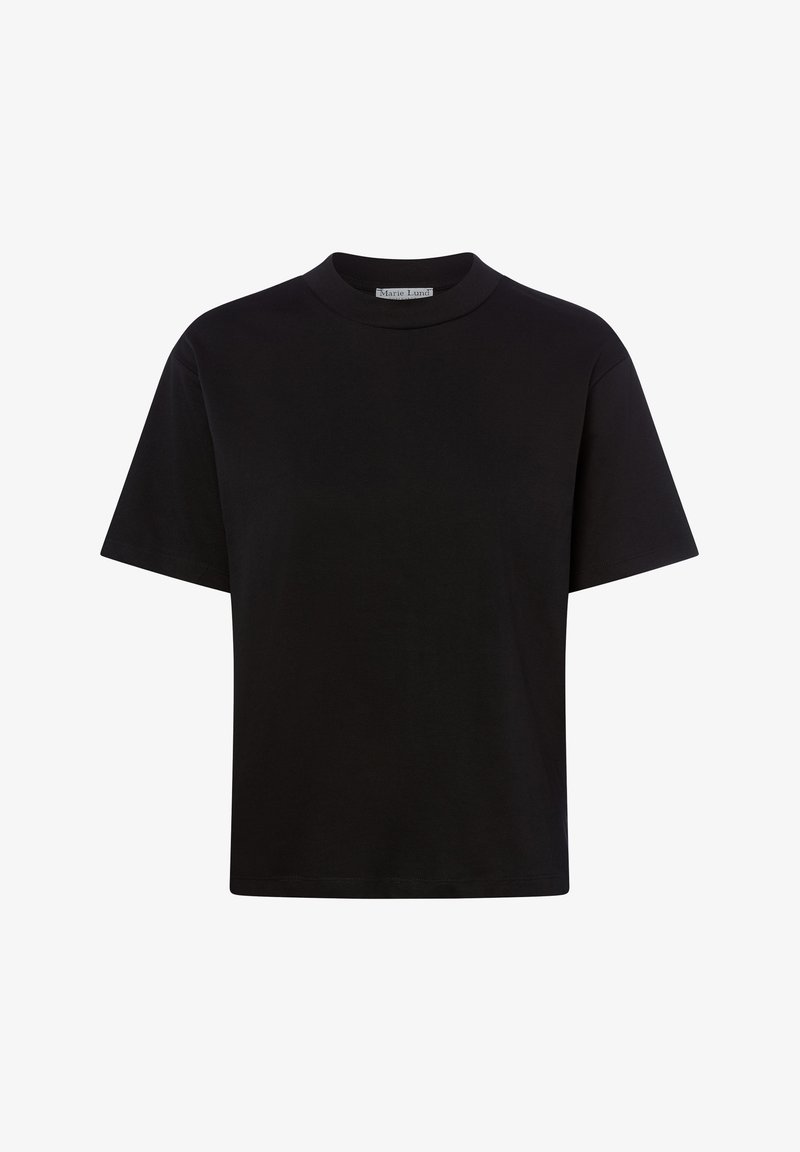 T-shirt noir en coton à manches courtes, col rond et coupe ample, étiquette visible à l'intérieur du col.