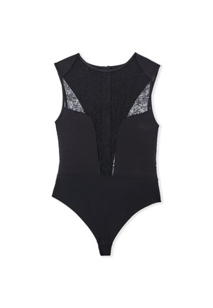 Body negro con un frente texturizado, espalda de encaje y diseño de tirantes en la espalda. Tejido suave con detalles de encaje en la parte superior.