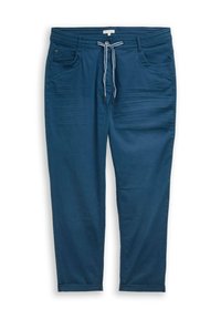 Blauwe katoenen blendbroek met een koord in de taille, voorzakken, opgerolde boorden en subtiele getextureerde strepen op de voorkant.