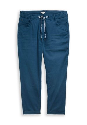 Blauwe katoenen blendbroek met een koord in de taille, voorzakken, opgerolde boorden en subtiele getextureerde strepen op de voorkant.