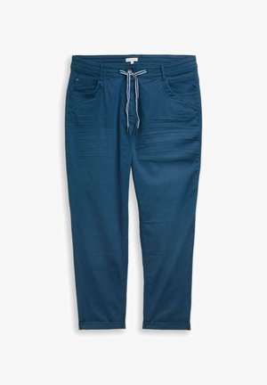 Pantalons en mélange de coton bleu avec une taille à cordon, des poches avant, des poignets retroussés et de subtiles rayures texturées sur le devant.