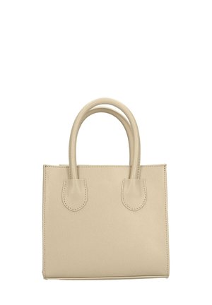 Borsa a mano in pelle beige con due manici rotondi, superficie testurizzata, forma rettangolare e dettagli di cucitura sottili lungo i bordi.