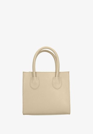 Borsa a mano in pelle beige con due manici rotondi, superficie testurizzata, forma rettangolare e dettagli di cucitura sottili lungo i bordi.