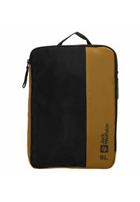 Borsa di stoccaggio nera e gialla senape con manico, cerniera e logo. Realizzata in tessuto testurizzato, forma rettangolare, volume etichettato 8L.