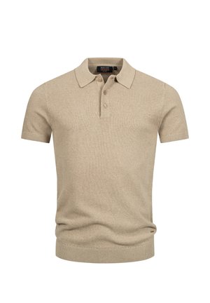 Polo shirt beige à manches courtes avec un motif tricoté texturé, patte de boutonnage à deux boutons et poignets côtelés. Design simple et épuré.