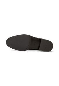 Suola di scarpa nera con un design liscio e piatto, dotata di una superficie in gomma testurizzata per una migliore aderenza. Punta arrotondata e dettagli minimalisti sul tacco.
