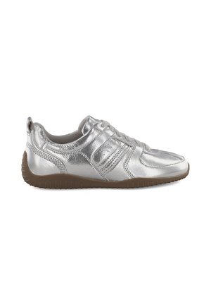 Silver low-top sneaker with textured brown rubber sole, lace-up front, and detailed stitching on the synthetic leather upper.
