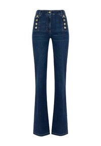 Jeans in denim scuro a vita alta con gambe svasate e bottoni decorativi sul davanti per un design ispirato al vintage. Texture liscia.