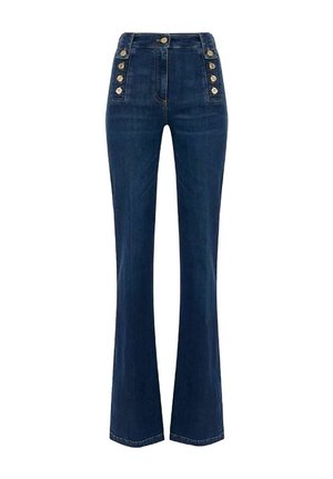 Jean en denim foncé taille haute avec jambes évasées et boutons décoratifs sur le devant pour un design d'inspiration vintage. Texture lisse.