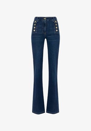 Jean en denim foncé taille haute avec jambes évasées et boutons décoratifs sur le devant pour un design d'inspiration vintage. Texture lisse.