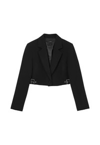 Blazer nero corto con colletto a intaglio, maniche lunghe e doppi dettagli in argento alla vita. Tessuto liscio con foderatura in satin.