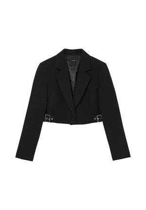 Veste noire courte avec un col cranté, des manches longues et des accents de double boucle argentée à la taille. Tissu lisse avec une doublure en satin.