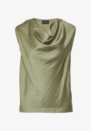 Sleeveless top in light olive green, featuring a draped cowl neckline and a smooth, slightly textured fabric. Simple design with no embellishments.