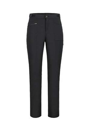 Pantaloni neri a gamba dritta con chiusura a bottone e zip, tasca laterale con zip a sinistra e tasca applicata sulla coscia destra.