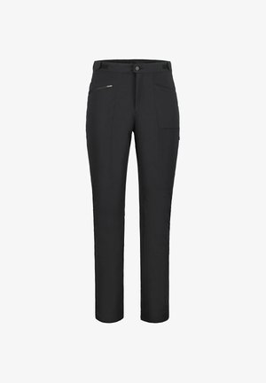 Pantalones negros de corte recto con cierre de botón y cremallera, bolsillo con cremallera lateral en el lado izquierdo y bolsillo parche en el muslo derecho.