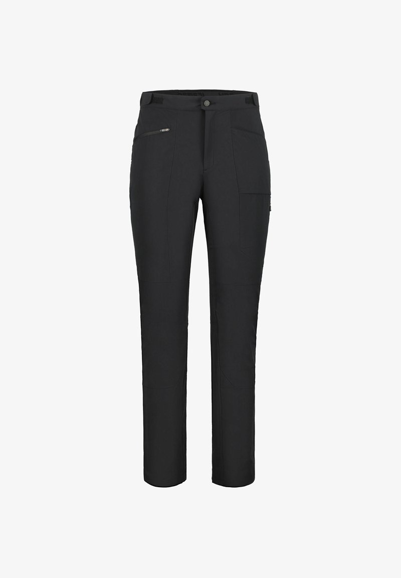 Schwarze Hose mit geradem Bein, Knopf- und Reißverschluss, seitliche Reißverschlusstasche links und aufgesetzte Tasche am rechten Oberschenkel.