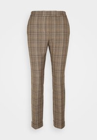 Pantalon à carreaux marron en tissu texturé avec une coupe slim. Il présente une taille mi-haute et un design sur mesure avec une finition soignée.